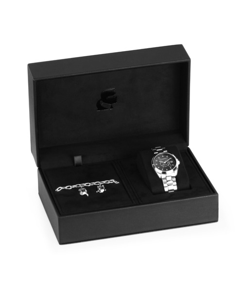 KARL LAGERFELD（カールラガーフェルド）の「「KARL LAGERFELD/カール・ラガーフェルド」ラウンド エッセンシャル - スペシャル ボックス - ブラック クリスタル ダイヤモンドダスト アイコン ダイヤル シルバー ブレスレット & カール+シュペット チャーム ブレスレット（アナログ腕時計・レディース・シルバー×ブラック・FREE）」の3枚目の写真