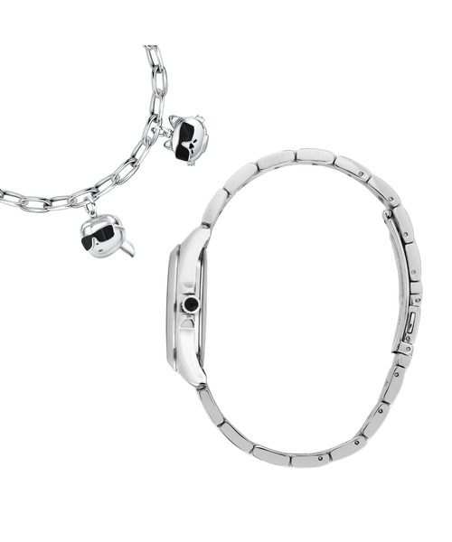 KARL LAGERFELD（カールラガーフェルド）の「「KARL LAGERFELD/カール・ラガーフェルド」ラウンド エッセンシャル - スペシャル ボックス - ブラック クリスタル ダイヤモンドダスト アイコン ダイヤル シルバー ブレスレット & カール+シュペット チャーム ブレスレット（アナログ腕時計・レディース・シルバー×ブラック・FREE）」の10枚目の写真