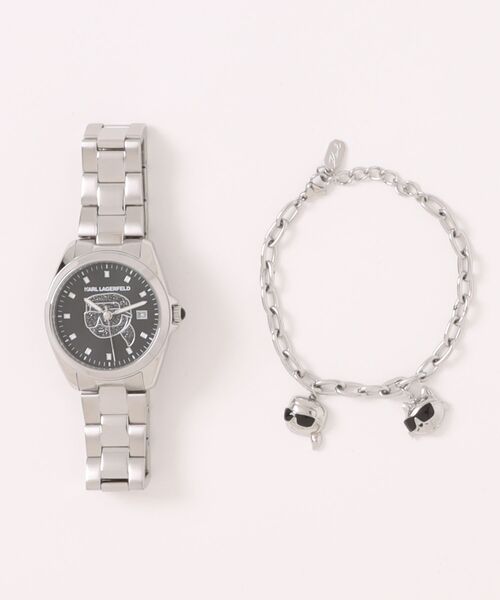 KARL LAGERFELD（カールラガーフェルド）の「「KARL LAGERFELD/カール・ラガーフェルド」ラウンド エッセンシャル - スペシャル ボックス - ブラック クリスタル ダイヤモンドダスト アイコン ダイヤル シルバー ブレスレット & カール+シュペット チャーム ブレスレット（アナログ腕時計・レディース・シルバー×ブラック・FREE）」の5枚目の写真