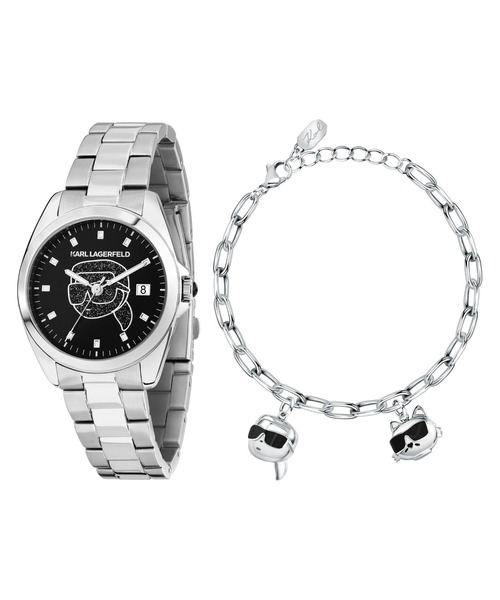 KARL LAGERFELD（カールラガーフェルド）の「「KARL LAGERFELD/カール・ラガーフェルド」ラウンド エッセンシャル - スペシャル ボックス - ブラック クリスタル ダイヤモンドダスト アイコン ダイヤル シルバー ブレスレット & カール+シュペット チャーム ブレスレット（アナログ腕時計・レディース・シルバー×ブラック・FREE）」の7枚目の写真