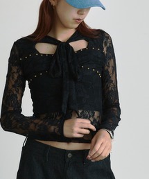 BLANK　（ブランク）の「Studs Ribbon Lace Tops / スタッズリボンレース トップス（Tシャツ/カットソー）」