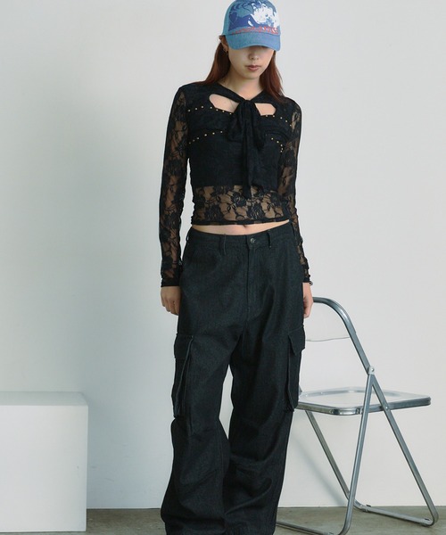 BLANK　（ブランク）の「Studs Ribbon Lace Tops / スタッズリボンレース トップス（Tシャツ/カットソー・レディース・ホワイト/ブラック・FREE）」の4枚目の写真