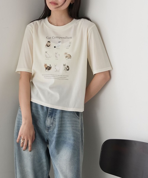 forksy.】キャットプリント カットシアーベロア Tシャツ forksy