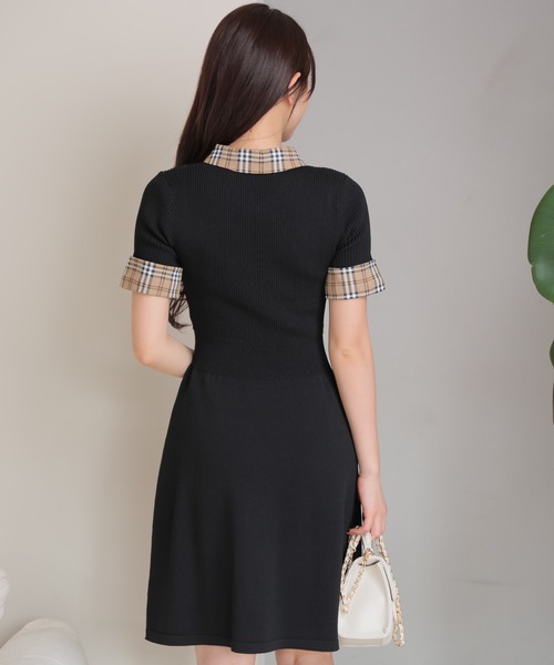 チェックカラーフレアニットワンピース