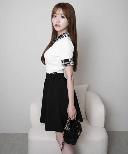 セール】チェックカラーフレアニットワンピース（ワンピース