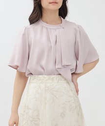 【UVカット,防汚加工,ウォッシャブル,防シワ】マルチファンクションアシメボウタイ半袖ブラウス