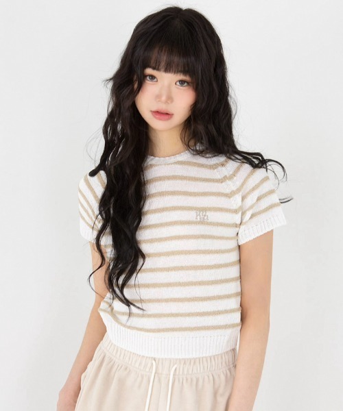 tシャツ A'GEM/9 × .kom 「muah muah/ムーアムーア」BOUCLE STRIPE RAGLAN HALF KNIT/ブークレーボ A'GEM/9 × .kom 『muah muah/ムーアムーア』BOUCLE STRIPE