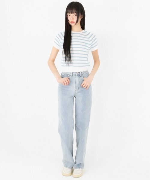 tシャツ A'GEM/9 × .kom 「muah muah/ムーアムーア」BOUCLE STRIPE RAGLAN HALF KNIT/ブークレーボ A'GEM/9 × .kom 『muah muah/ムーアムーア』BOUCLE STRIPE