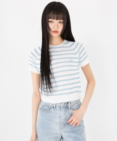 tシャツ A'GEM/9 × .kom 「muah muah/ムーアムーア」BOUCLE STRIPE RAGLAN HALF KNIT/ブークレーボ A'GEM/9 × .kom 『muah muah/ムーアムーア』BOUCLE STRIPE