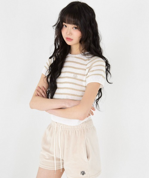 tシャツ A'GEM/9 × .kom 「muah muah/ムーアムーア」BOUCLE STRIPE RAGLAN HALF KNIT/ブークレーボ A'GEM/9 × .kom 『muah muah/ムーアムーア』BOUCLE STRIPE