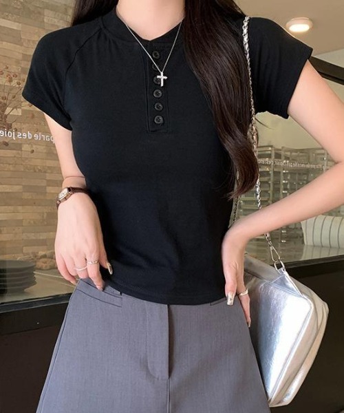 Teem Store(チームストア)の「ヘンリーネック ラグランコンパクトTシャツ(Tシャツ/カットソー・レディース・グレー/ホワイト/ブラック・S/M)」の6枚目の写真