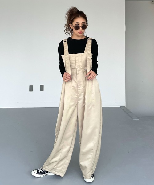 La boutique BonBon オールインワン サロペットパンツ ベージュ 低身長サイズあり】ラッフルオールインワン | La boutique