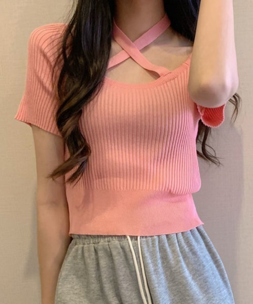 deux amour(ドゥーザムール)の「クロスバインダー半袖リブニットトップス(ニット/セーター・レディース・ブラック/ピンク/ホワイト・FREE)」の1枚目の写真