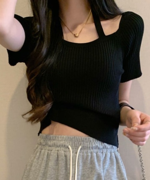 deux amour(ドゥーザムール)の「クロスバインダー半袖リブニットトップス(ニット/セーター・レディース・ブラック/ピンク/ホワイト・FREE)」の3枚目の写真