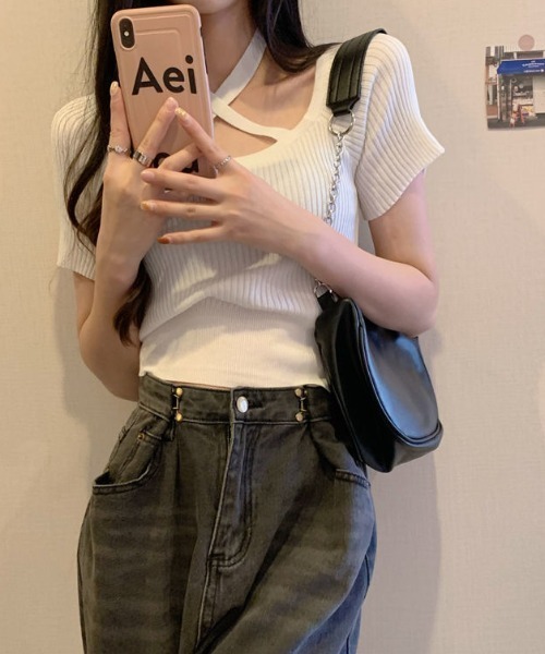 deux amour(ドゥーザムール)の「クロスバインダー半袖リブニットトップス(ニット/セーター・レディース・ブラック/ピンク/ホワイト・FREE)」の10枚目の写真
