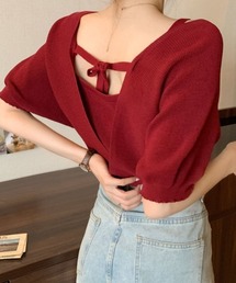 うしろリボンレイヤードカシュクールドルマンニット半袖トップス