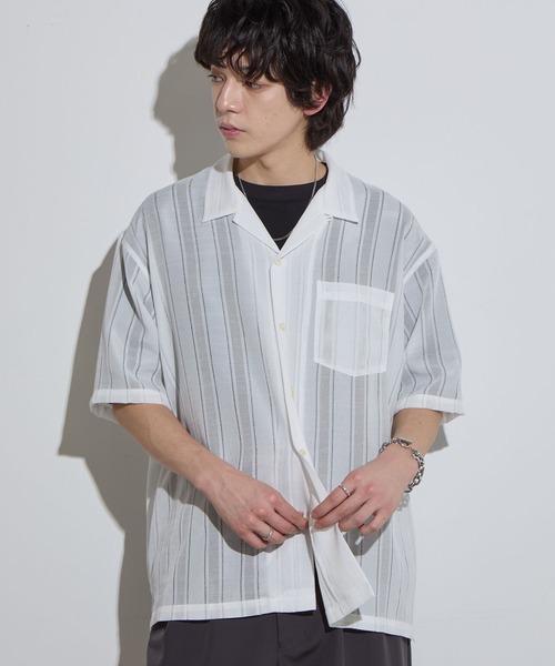SLICK（スリック）の「【SLICK/スリック】Leno Cloth Open Collar Shirt/ 絡み織ストライプオープンカラーシャツ（シャツ/ブラウス・メンズ・ブラウン/ホワイト/ブラック・1/2/3）」の4枚目の写真