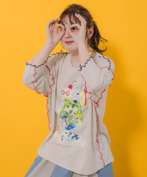 ScoLar(スカラー)の「152674:配色メロウステッチ クリームソーダ柄Tシャツ(Tシャツ/カットソー・レディース・ブルー/ブラック/ピンク/オートミール・M)」の11枚目の写真
