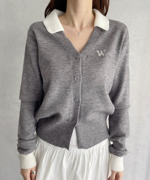 カーディガン 「25AW 先行予約」バイカラー衿付き 刺繍ロゴ Vネックニットカーディガン レディース 25AW 先行予約】バイカラー衿付き 刺繍ロゴ Vネックニット