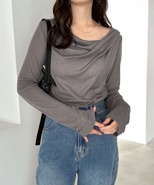セール】ドレープネックオフショルダーシアートップス（Tシャツ