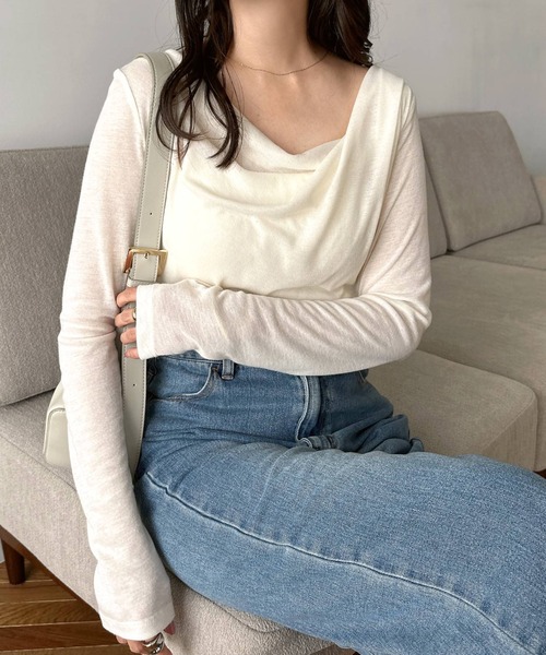 セール】ドレープネックオフショルダーシアートップス（Tシャツ