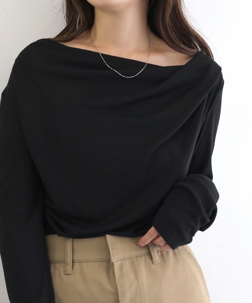セール】ドレープネックオフショルダーシアートップス（Tシャツ