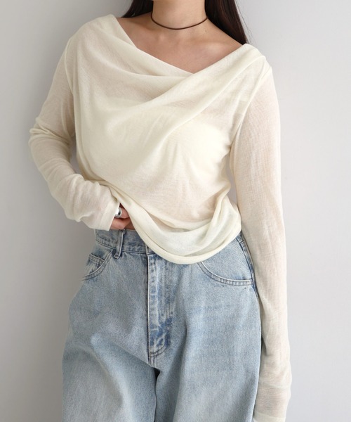 andme(アンドミー)の「ドレープネックオフショルダーシアートップス(Tシャツ/カットソー・レディース・アイボリー/ブラック/チャコールグレー・L/M)」の16枚目の写真