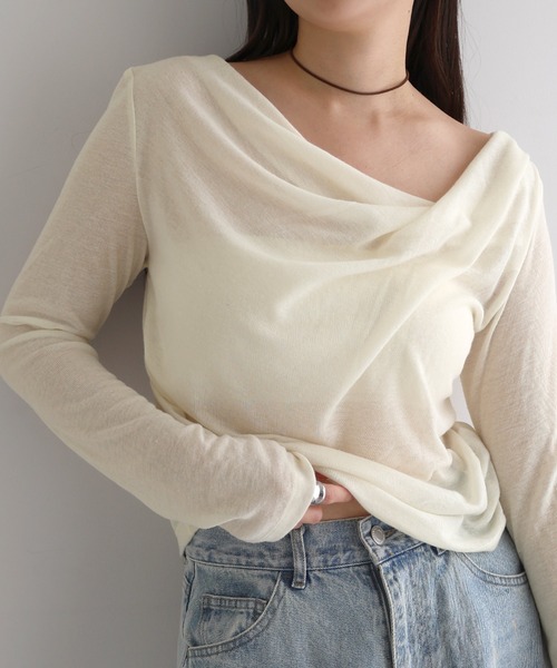 andme(アンドミー)の「ドレープネックオフショルダーシアートップス(Tシャツ/カットソー・レディース・アイボリー/ブラック/チャコールグレー・L/M)」の17枚目の写真