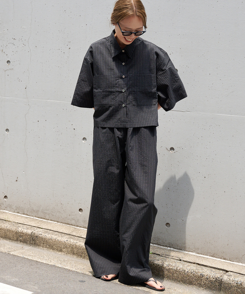 ピンストライプ ワイド イージーパンツ セットアップ対応（スラックス