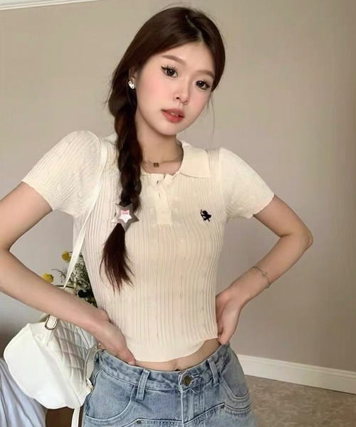 shopnikoniko(ショップニコニコ)の「半袖 ショート丈 エンジェル刺繍 クロップド丈 半袖ポロシャツ(ポロシャツ・レディース・アイボリー/グレー・フリー)」の14枚目の写真