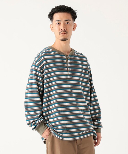 B:MING by BEAMS（ビーミングバイビームス）の「ワッフル ボーダー ヘンリーネック ロングスリーブ カットソー（Tシャツ/カットソー・メンズ・オリーブ/ネイビー・SMALL/MEDIUM/LARGE/X-LARGE）」の5枚目の写真