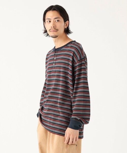 ワッフル ボーダー ヘンリーネック ロングスリーブ カットソー