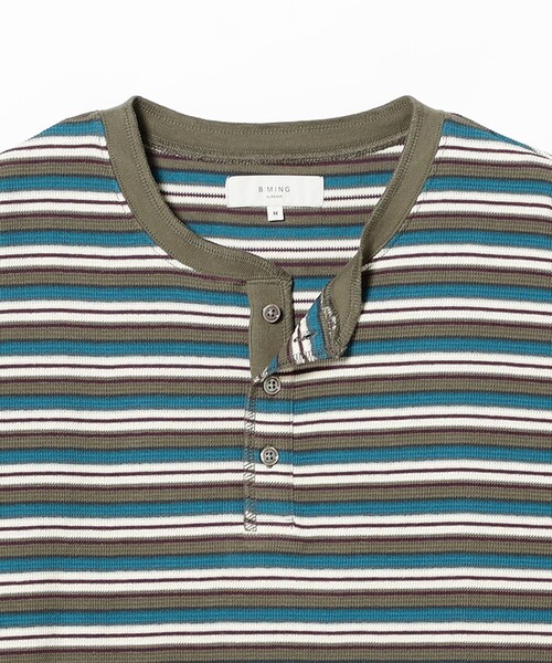 B:MING by BEAMS（ビーミングバイビームス）の「ワッフル ボーダー ヘンリーネック ロングスリーブ カットソー（Tシャツ/カットソー・メンズ・オリーブ/ネイビー・SMALL/MEDIUM/LARGE/X-LARGE）」の10枚目の写真