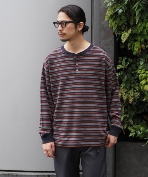 ワッフル ボーダー ヘンリーネック ロングスリーブ カットソー