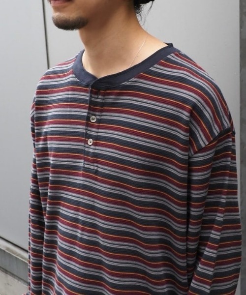 B:MING by BEAMS（ビーミングバイビームス）の「ワッフル ボーダー ヘンリーネック ロングスリーブ カットソー（Tシャツ/カットソー・メンズ・オリーブ/ネイビー・SMALL/MEDIUM/LARGE/X-LARGE）」の20枚目の写真