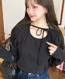 LUDLOW ブラック パフスリーブ トップス Kanako×Olu.】ジャガードパフスリーブトップス