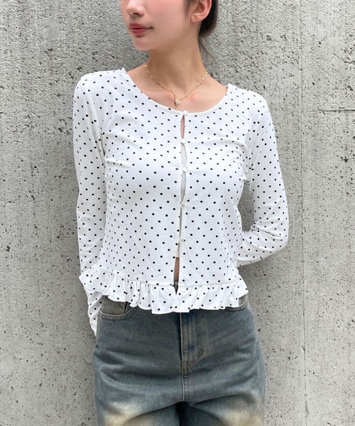 3.3 Field Trip （3.3フィールドトリップ）の「3.3 Field Trip／ドットフリルカーディガン（カーディガン/ボレロ・レディース・ブラック/ホワイト・FREE）」の2枚目の写真