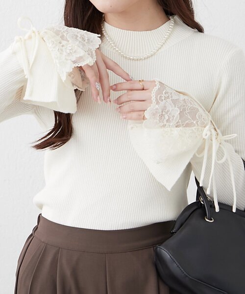 未使用級✨ADEAM リボンレース ジップニットフーディー ダブルジップ 袖レース&リボンニットトップス（ニット/セーター）｜continuer