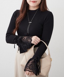 袖レース&リボンニットトップス