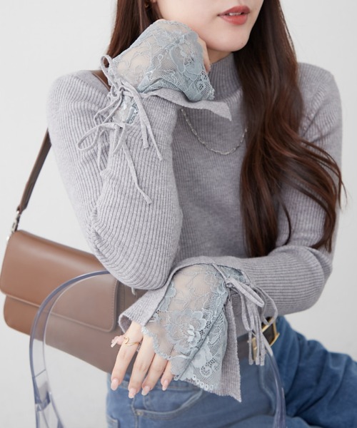未使用級✨ADEAM リボンレース ジップニットフーディー ダブルジップ 袖レース&リボンニットトップス（ニット/セーター）｜continuer