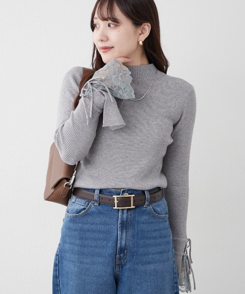 セール】袖レース&リボンニットトップス（ニット/セーター