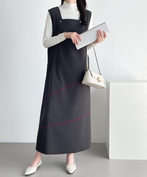 セール】配色パイピングスナップボタンジャンパースカート（ワンピース