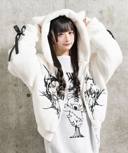 ネコ耳ハートロゴ刺繍ZIPショートファーコート（その他アウター