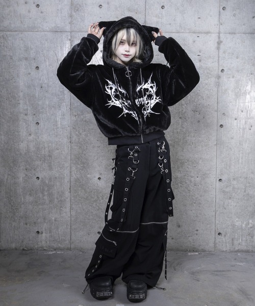 セール】ネコ耳ハートロゴ刺繍ZIPショートファーコート（その他