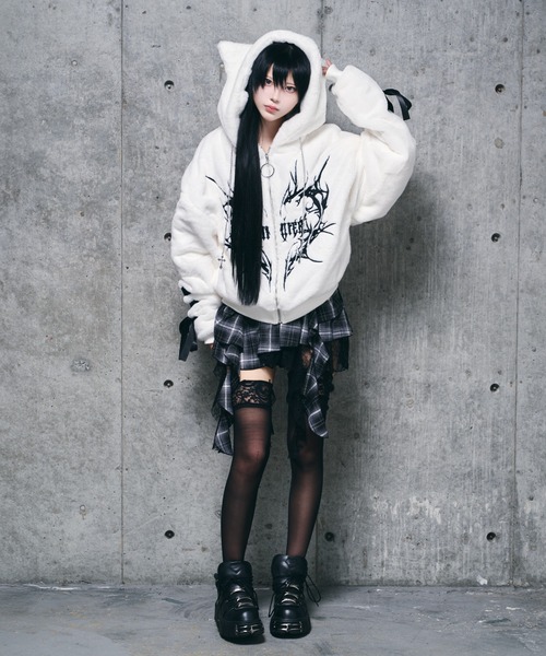 ネコ耳ハートロゴ刺繍ZIPショートファーコート（その他アウター