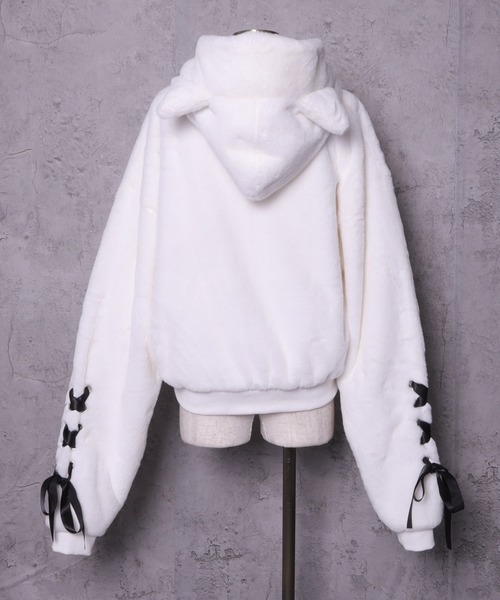 ネコ耳ハートロゴ刺繍ZIPショートファーコート（その他アウター