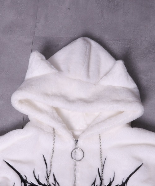 ネコ耳ハートロゴ刺繍ZIPショートファーコート（その他アウター