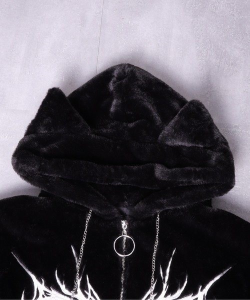 セール】ネコ耳ハートロゴ刺繍ZIPショートファーコート（その他