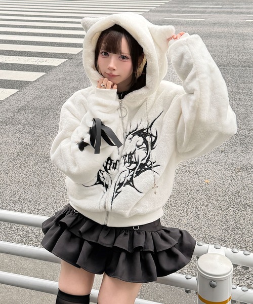 ネコ耳ハートロゴ刺繍ZIPショートファーコート（その他アウター