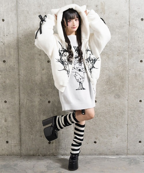 ネコ耳ハートロゴ刺繍ZIPショートファーコート（その他アウター